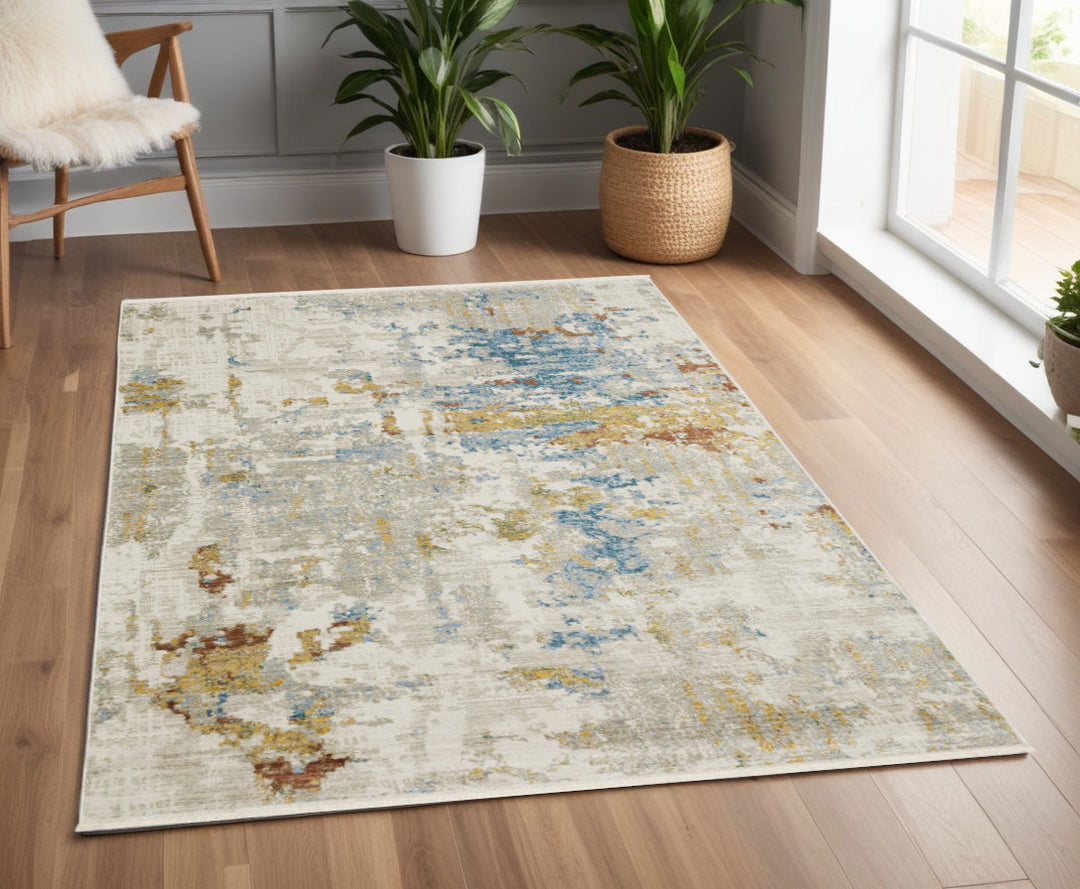 8' Beige Grey Gold Blue Rust And Teal Abstract Power Loom Runner Rug With Fringe