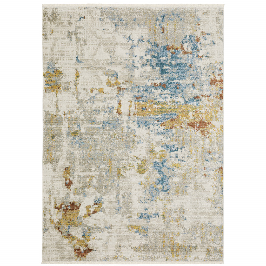 8' Beige Grey Gold Blue Rust And Teal Abstract Power Loom Runner Rug With Fringe