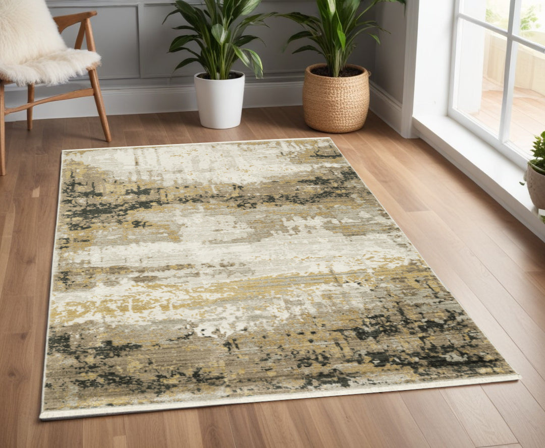 8' Grey Gold Black Charcoal And Beige Abstract Power Loom Runner Rug With Fringe