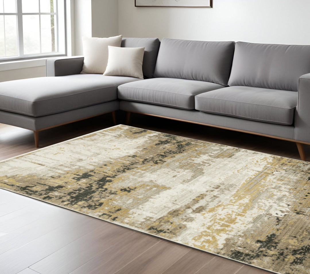 8' Grey Gold Black Charcoal And Beige Abstract Power Loom Runner Rug With Fringe