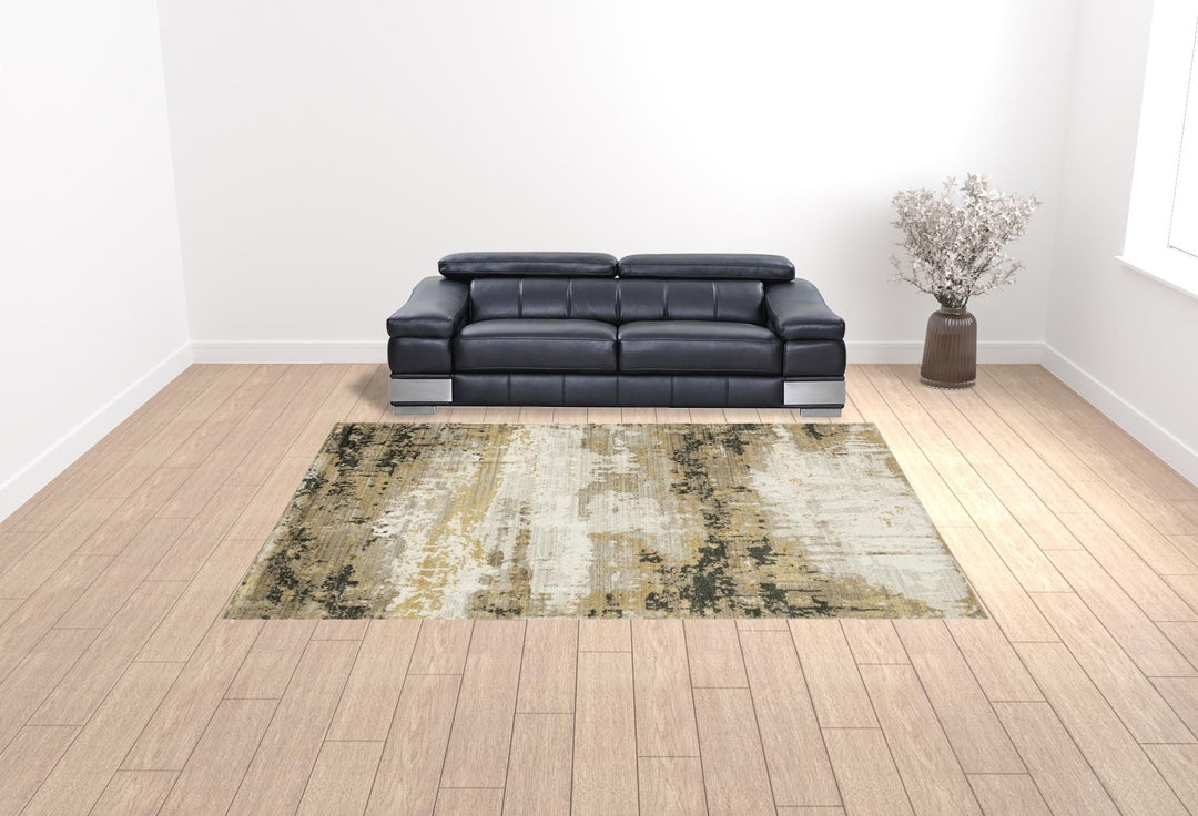 8' Grey Gold Black Charcoal And Beige Abstract Power Loom Runner Rug With Fringe