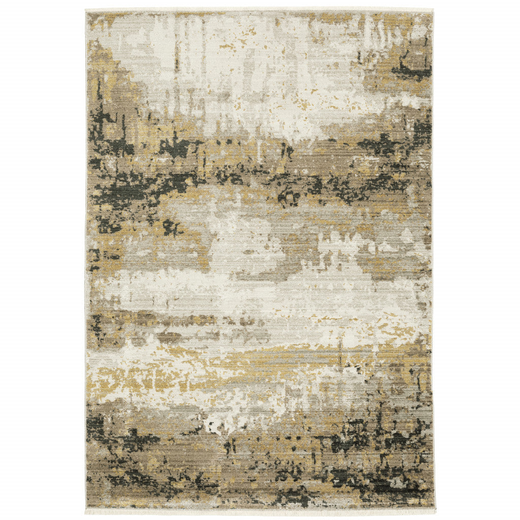 8' Grey Gold Black Charcoal And Beige Abstract Power Loom Runner Rug With Fringe