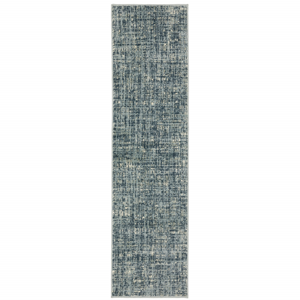 2' X 8' Dark Blue Light Blue Grey Ivory And Beige Abstract Power Loom Stain Resistant Runner Rug