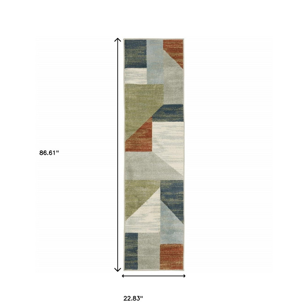 2' X 8' Grey Teal Blue Rust Green And Ivory Geometric Power Loom Stain Resistant Runner Rug