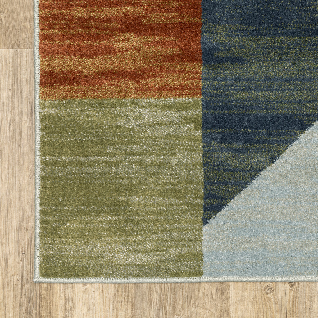 2' X 8' Grey Teal Blue Rust Green And Ivory Geometric Power Loom Stain Resistant Runner Rug