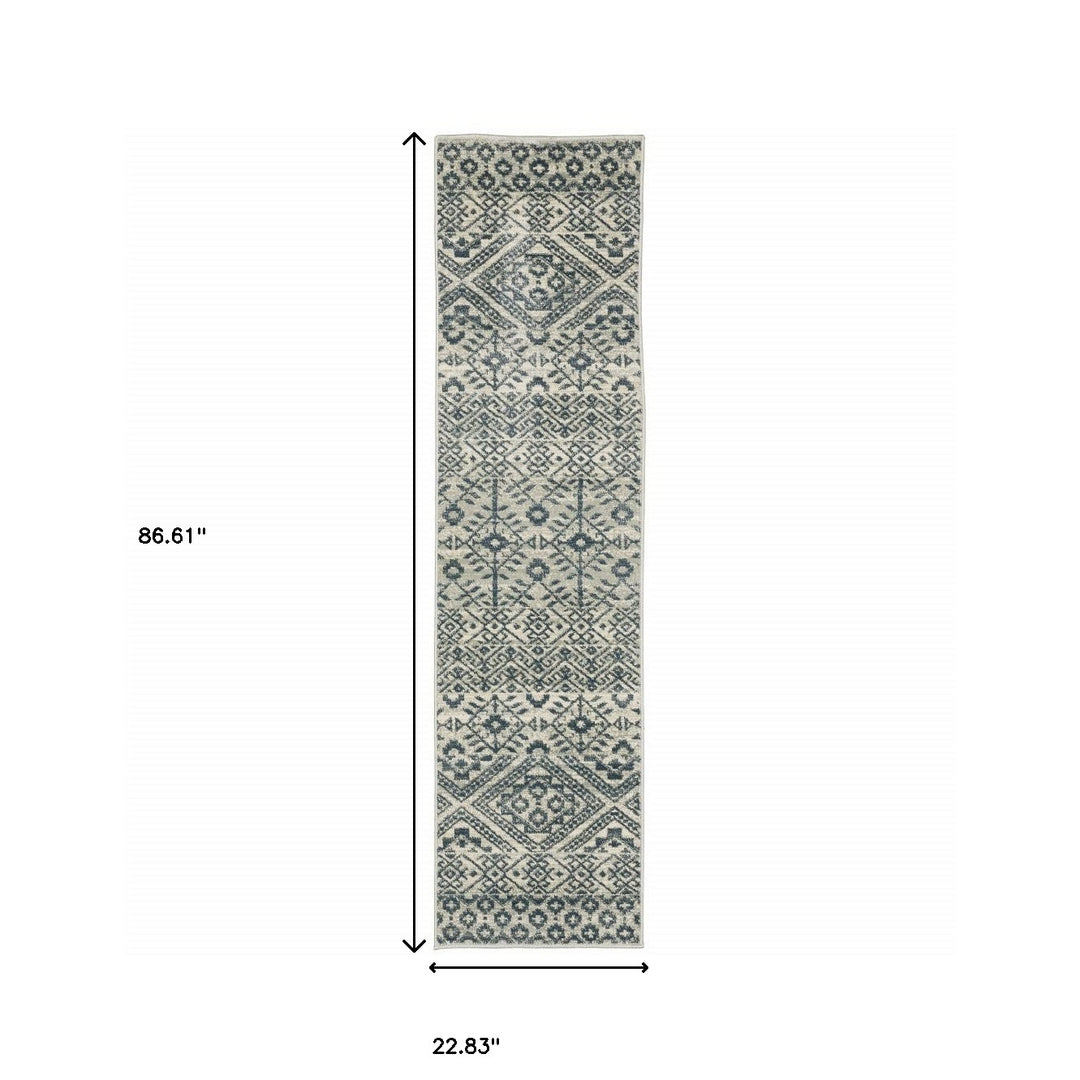 2' X 8' Blue And Beige Geometric Power Loom Stain Resistant Runner Rug