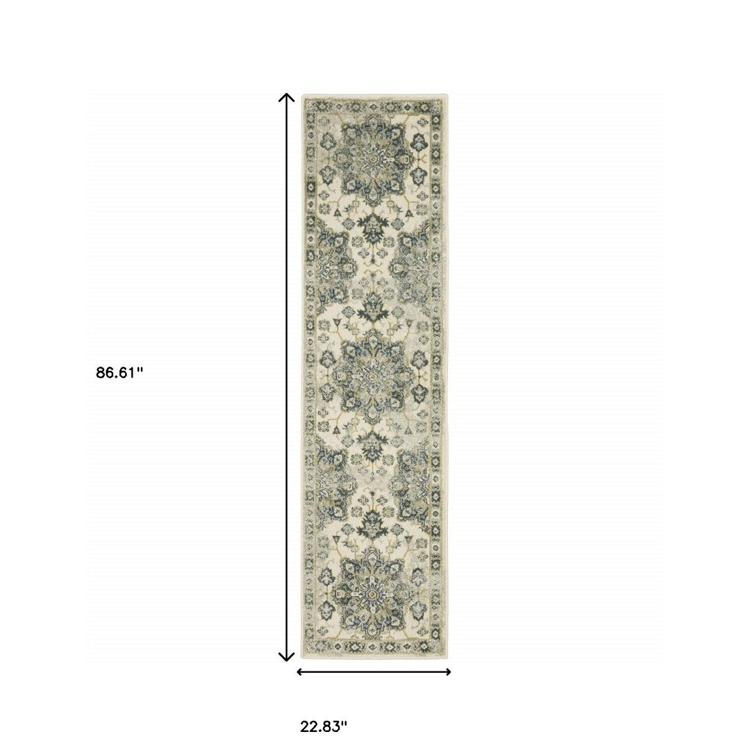 2' X 8' Ivory Blue Teal Grey And Olive Green Oriental Power Loom Stain Resistant Runner Rug