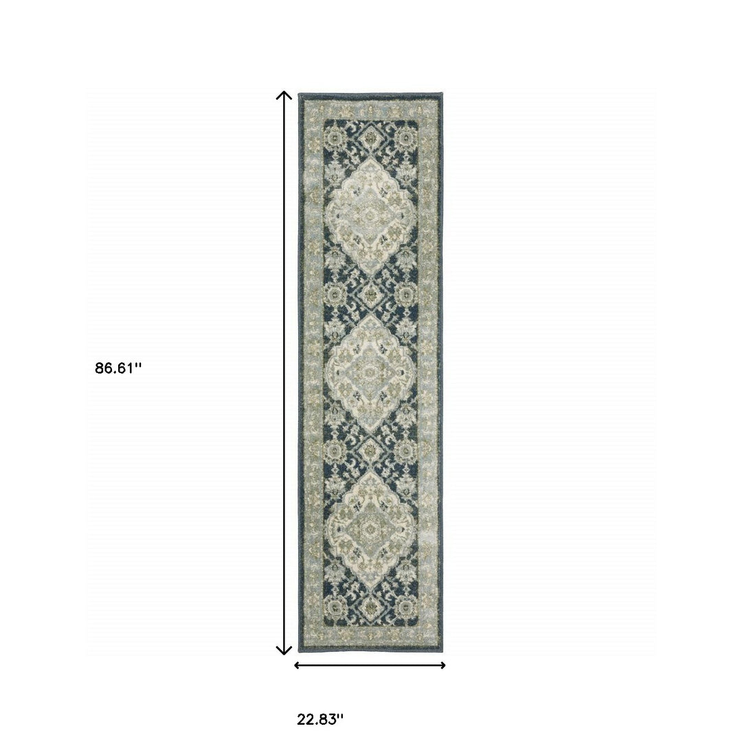 2' X 8' Teal Blue Ivory Green And Grey Oriental Power Loom Stain Resistant Runner Rug