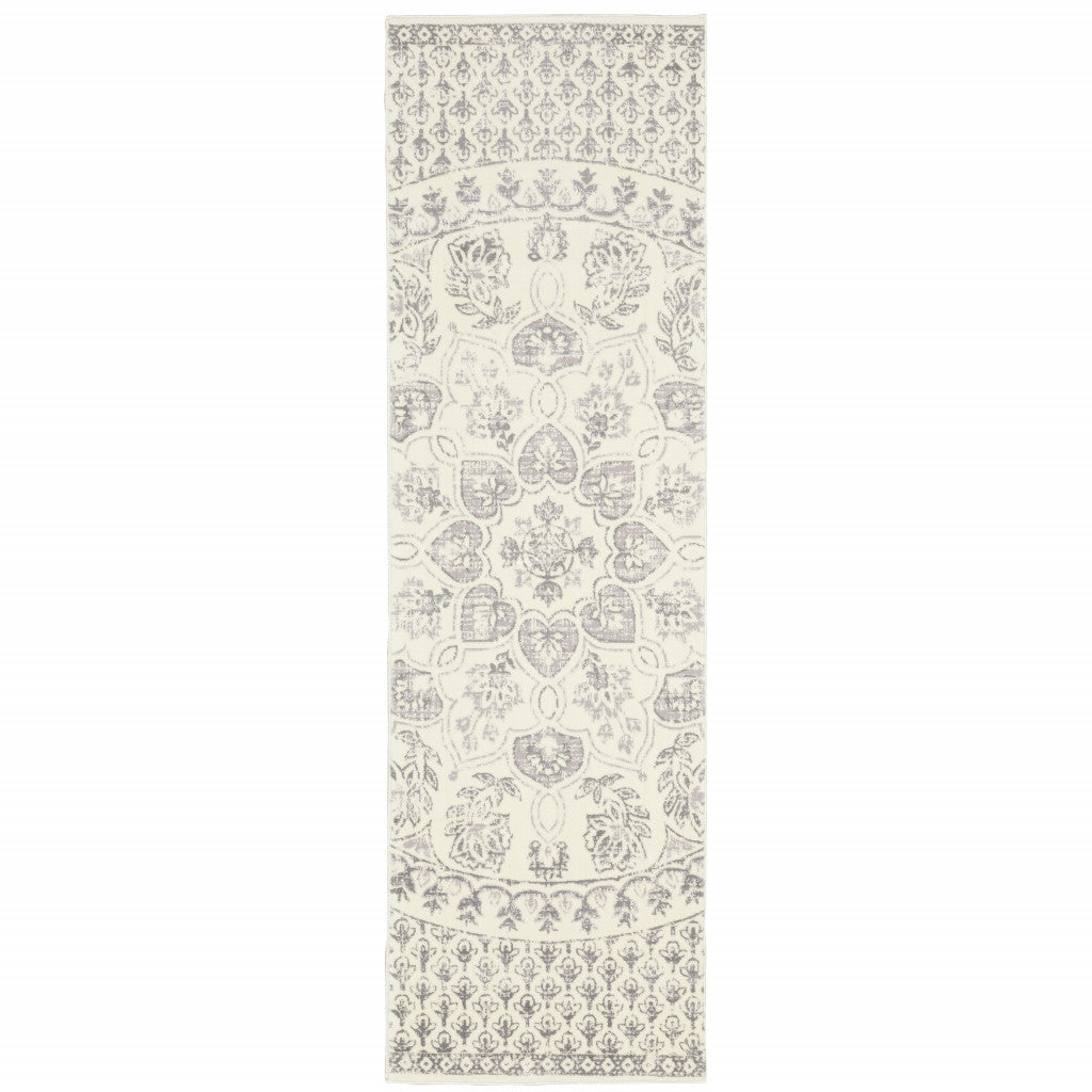 2' X 8' Ivory And Grey Floral Power Loom Stain Resistant Runner Rug