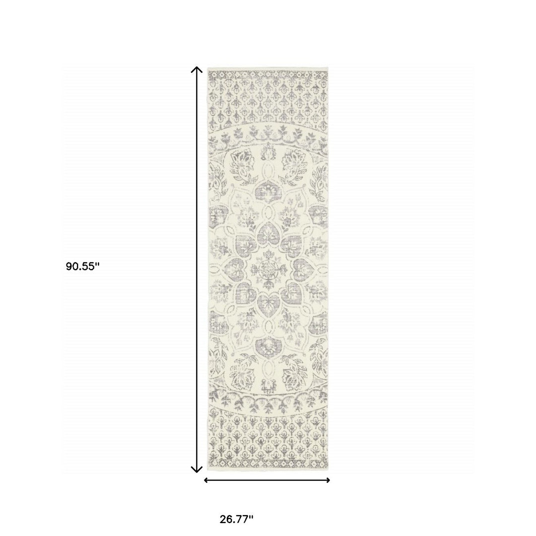 2' X 8' Ivory And Grey Floral Power Loom Stain Resistant Runner Rug