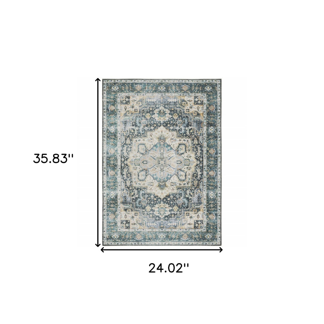 2' X 3' Blue Ivory Teal Brown And Gold Oriental Printed Stain Resistant Non Skid Area Rug