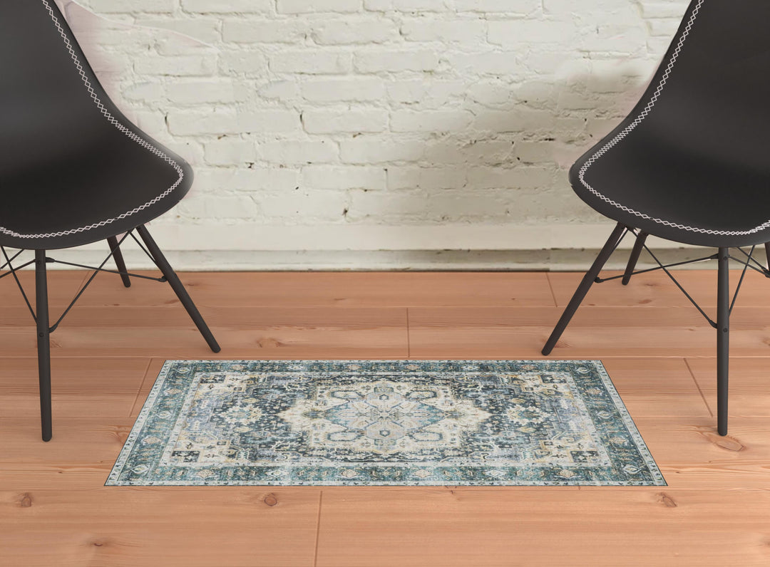 2' X 3' Blue Ivory Teal Brown And Gold Oriental Printed Stain Resistant Non Skid Area Rug