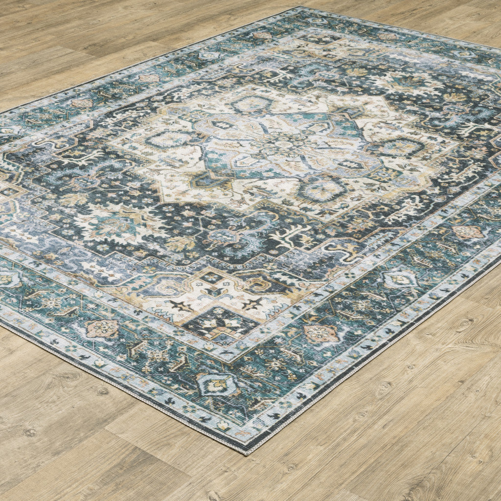 2' X 3' Blue Ivory Teal Brown And Gold Oriental Printed Stain Resistant Non Skid Area Rug