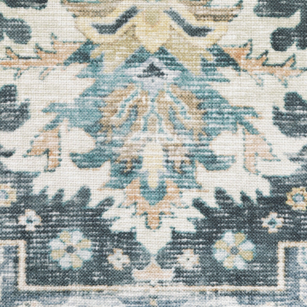 2' X 3' Blue Ivory Teal Brown And Gold Oriental Printed Stain Resistant Non Skid Area Rug