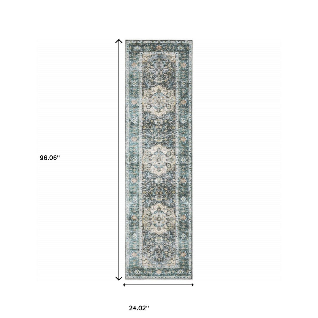 2' X 3' Blue Ivory Teal Brown And Gold Oriental Printed Stain Resistant Non Skid Area Rug