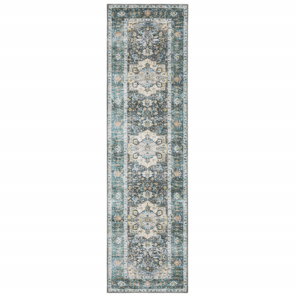 2' X 3' Blue Ivory Teal Brown And Gold Oriental Printed Stain Resistant Non Skid Area Rug