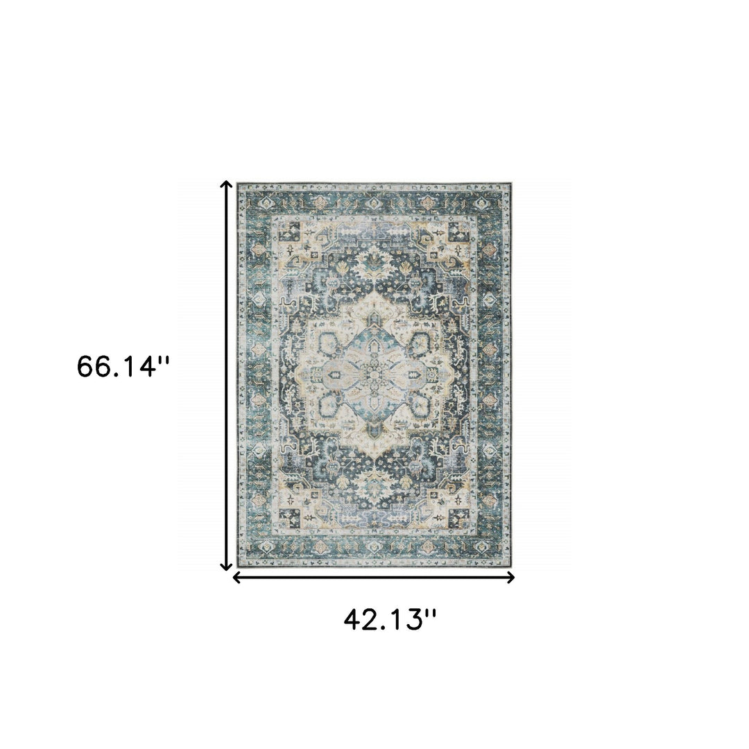 2' X 3' Blue Ivory Teal Brown And Gold Oriental Printed Stain Resistant Non Skid Area Rug