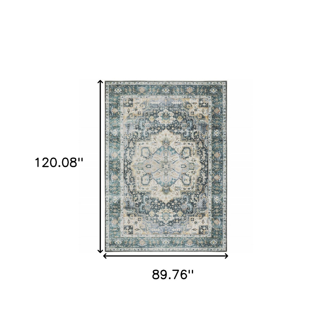 2' X 3' Blue Ivory Teal Brown And Gold Oriental Printed Stain Resistant Non Skid Area Rug