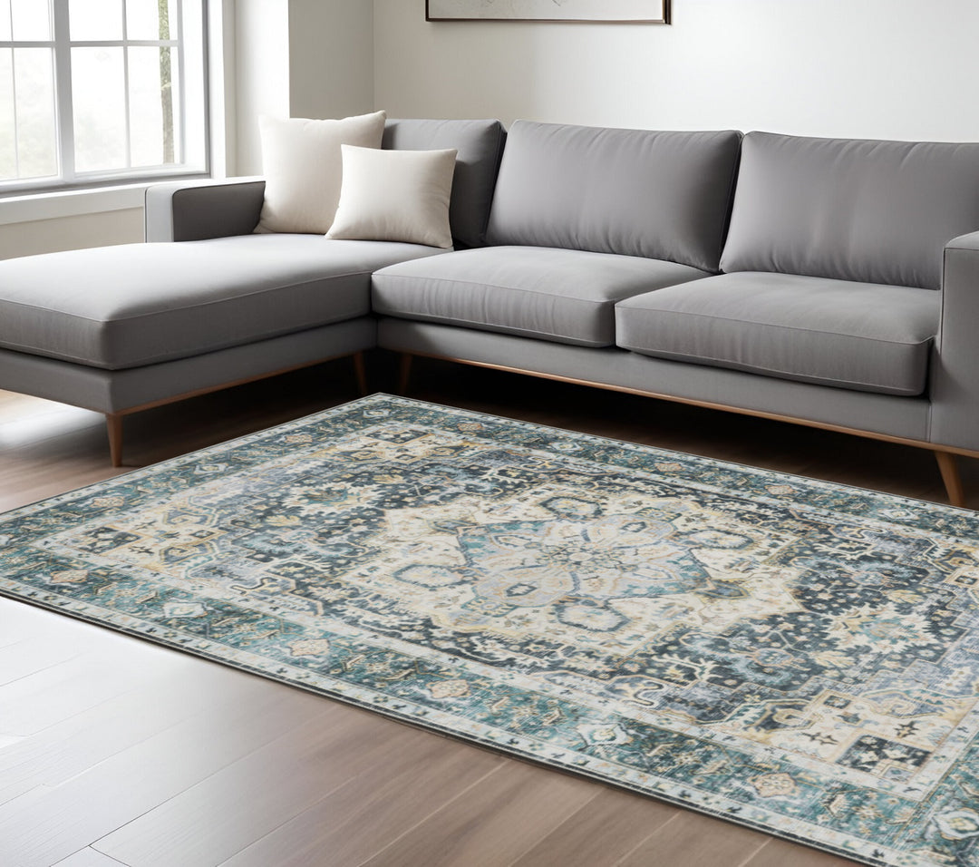 2' X 3' Blue Ivory Teal Brown And Gold Oriental Printed Stain Resistant Non Skid Area Rug