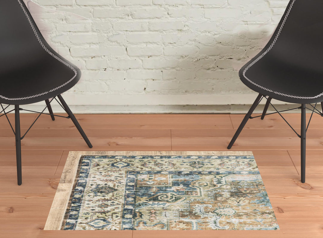 2' X 3' Blue And Gold Oriental Printed Non Skid Area Rug