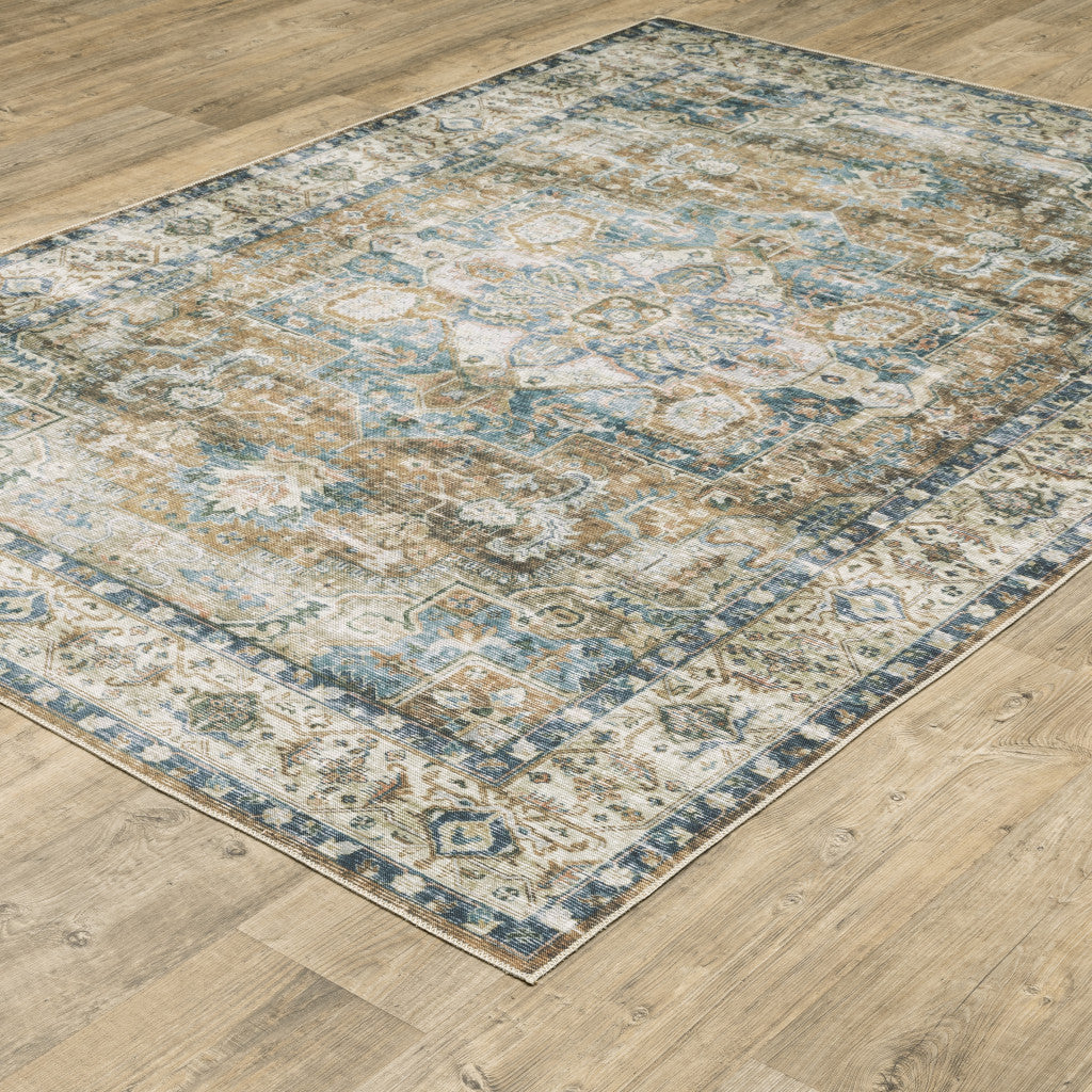 2' X 3' Blue And Gold Oriental Printed Non Skid Area Rug