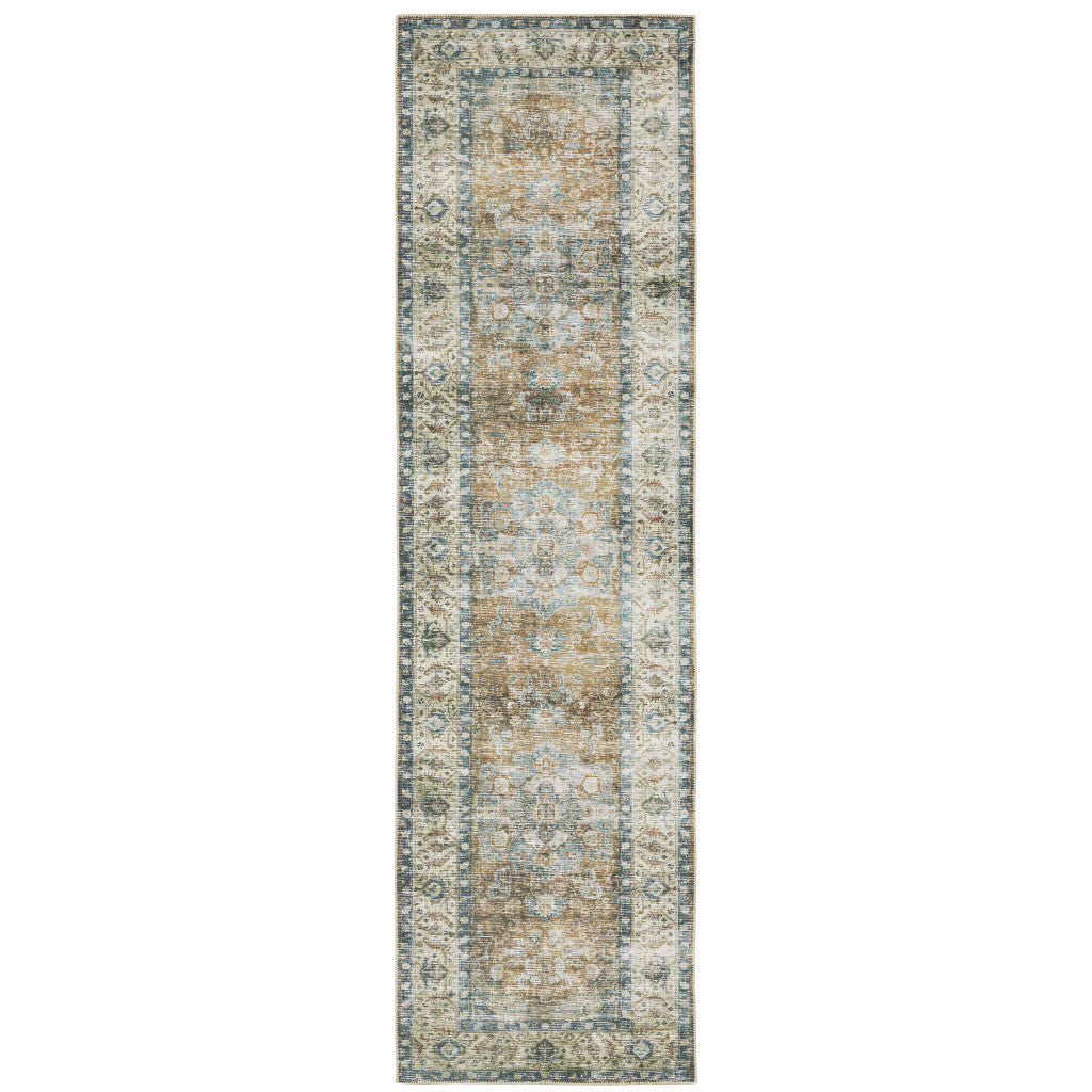 2' X 3' Blue Ivory Teal Brown And Gold Oriental Printed Stain Resistant Non Skid Area Rug