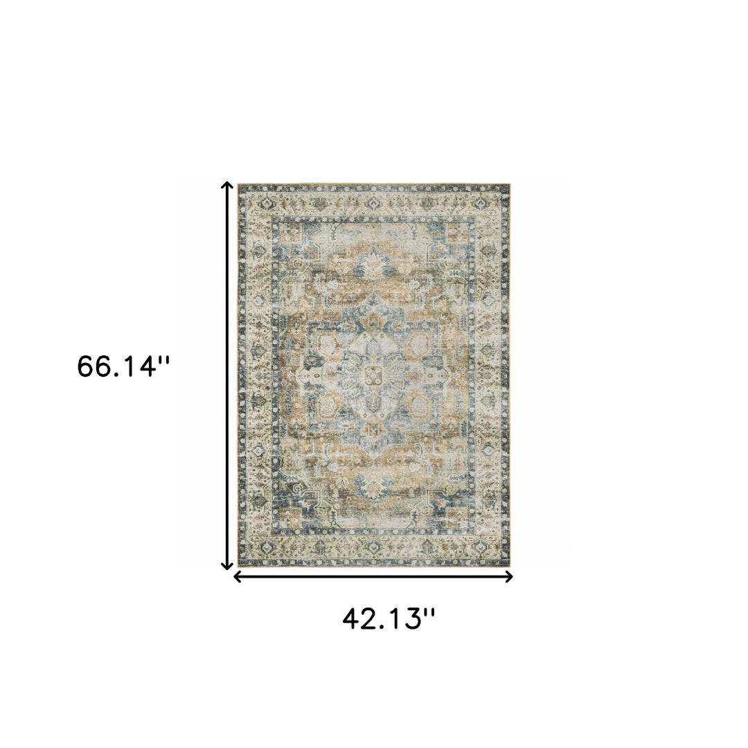 2' X 3' Blue Ivory Teal Brown And Gold Oriental Printed Stain Resistant Non Skid Area Rug