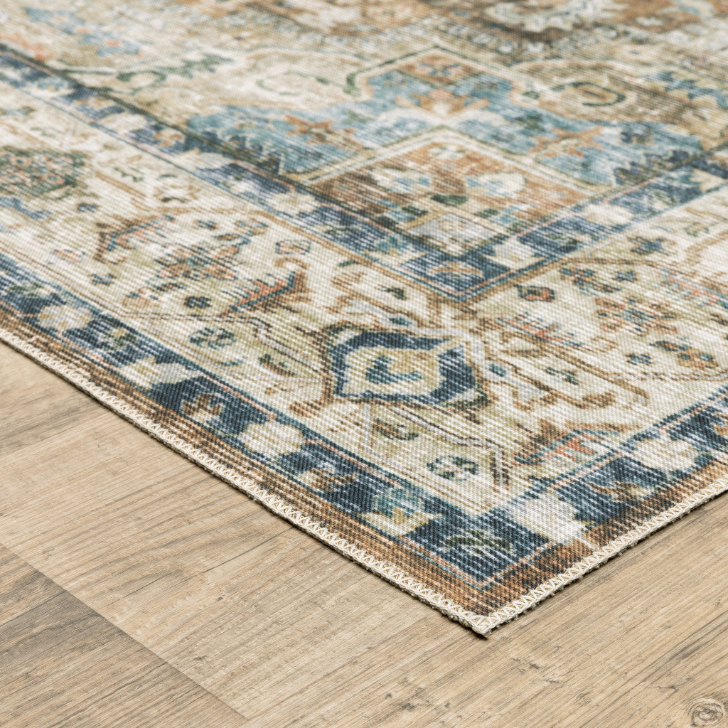 2' X 3' Blue Ivory Teal Brown And Gold Oriental Printed Stain Resistant Non Skid Area Rug