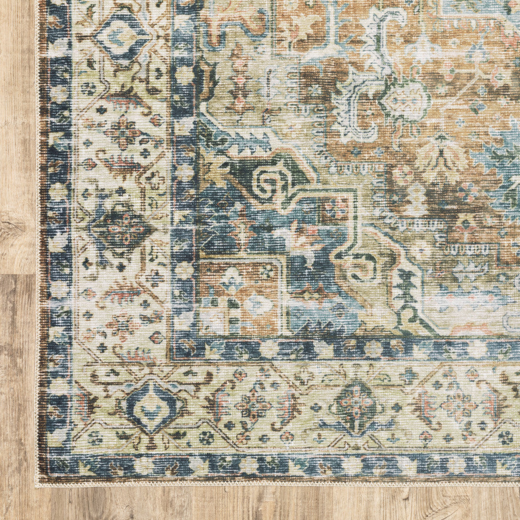 2' X 3' Blue Ivory Teal Brown And Gold Oriental Printed Stain Resistant Non Skid Area Rug