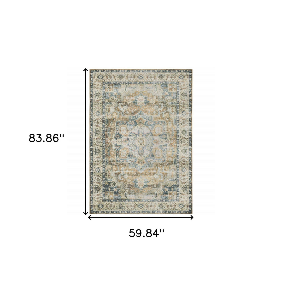 2' X 3' Blue Ivory Teal Brown And Gold Oriental Printed Stain Resistant Non Skid Area Rug