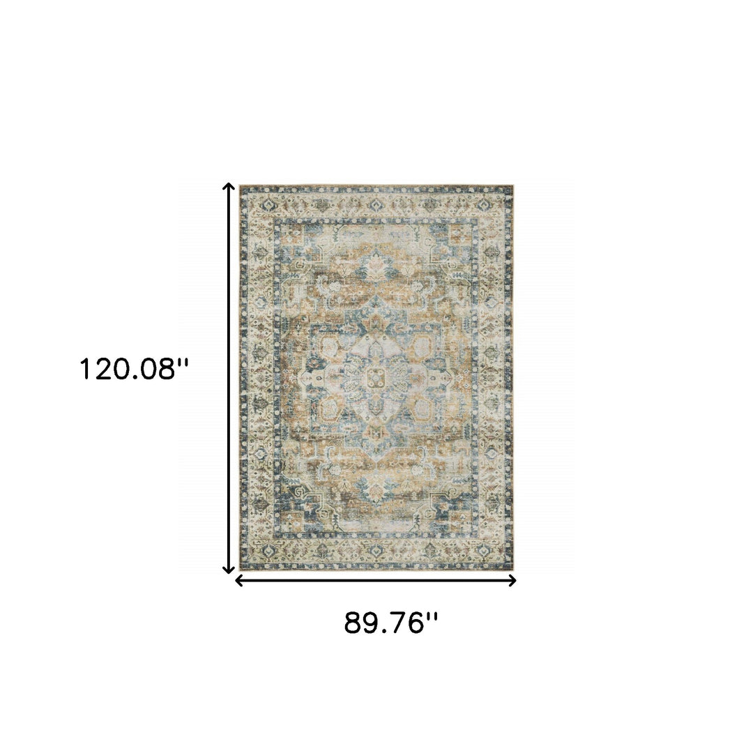 2' X 3' Blue Ivory Teal Brown And Gold Oriental Printed Stain Resistant Non Skid Area Rug