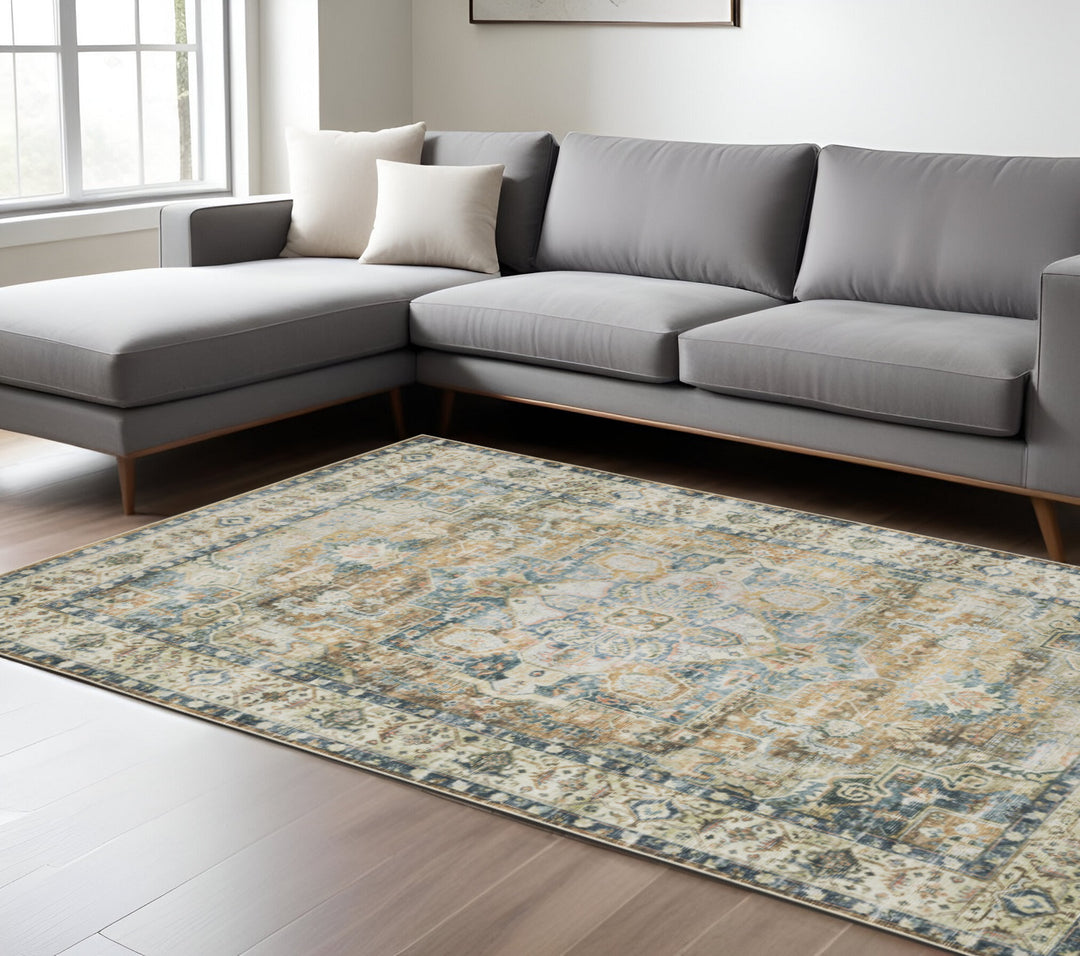 2' X 3' Blue Ivory Teal Brown And Gold Oriental Printed Stain Resistant Non Skid Area Rug