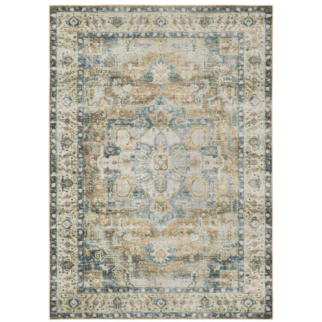 2' X 3' Blue Ivory Teal Brown And Gold Oriental Printed Stain Resistant Non Skid Area Rug