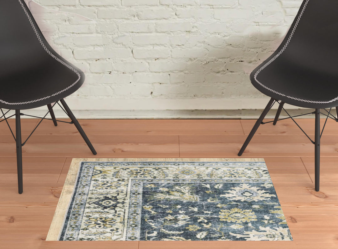 2' X 3' Blue And Ivory Oriental Printed Non Skid Area Rug