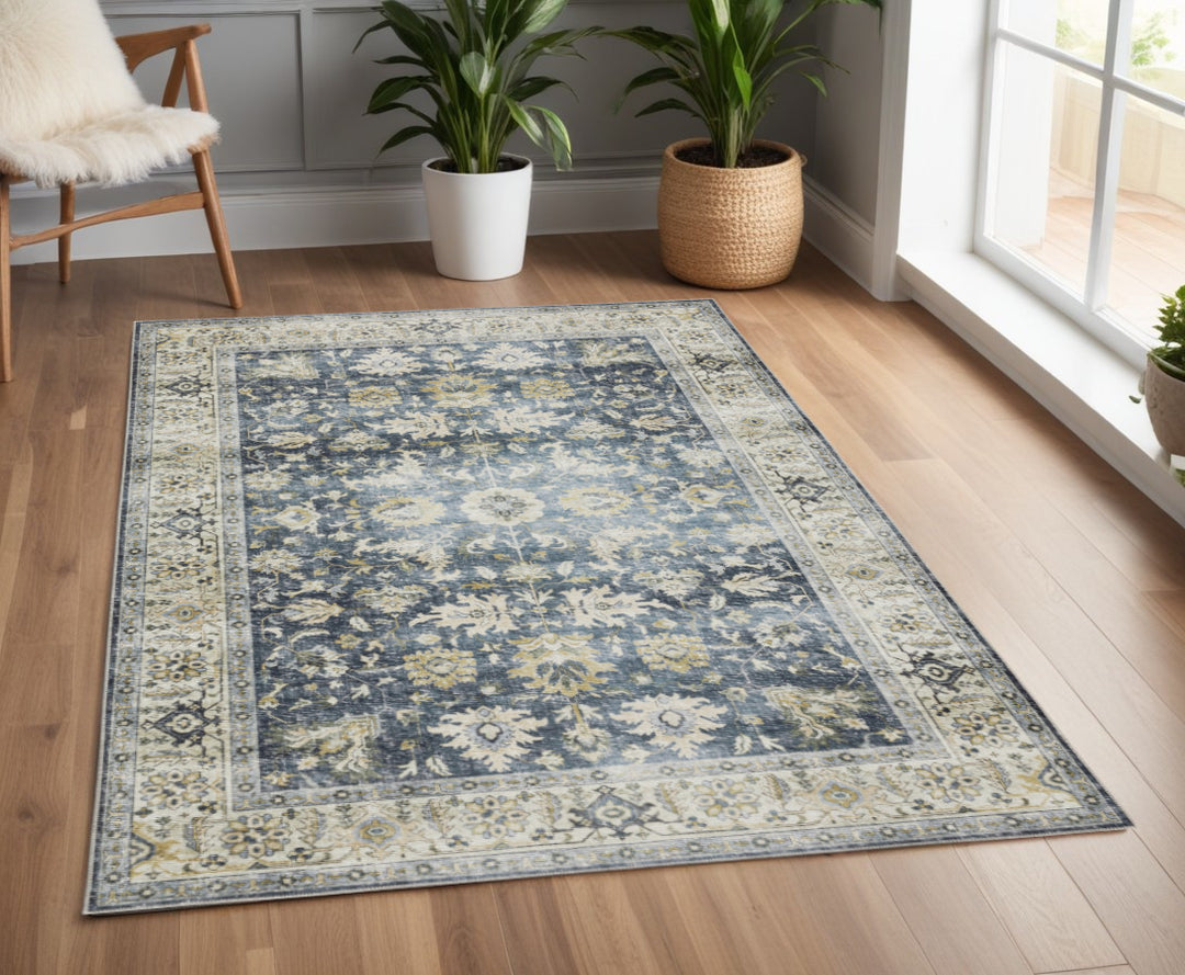 2' X 3' Blue And Ivory Oriental Printed Non Skid Area Rug