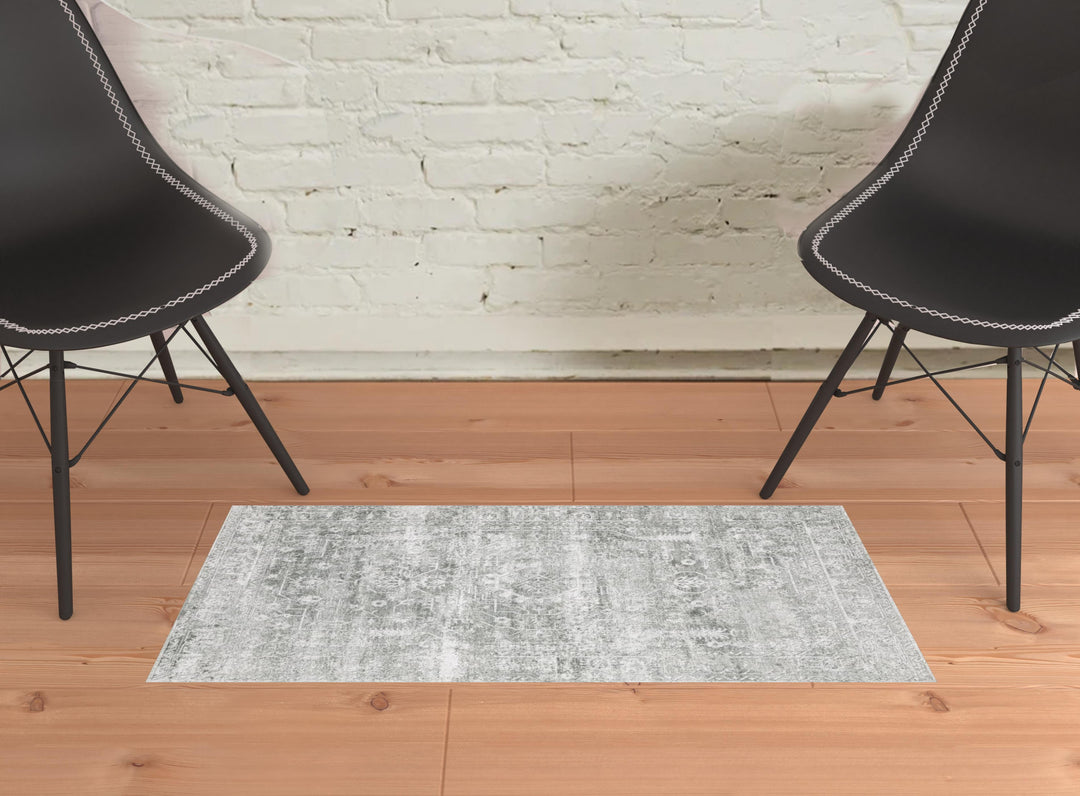 2' X 3' Sage Green Grey Ivory And Silver Oriental Printed Stain Resistant Non Skid Area Rug