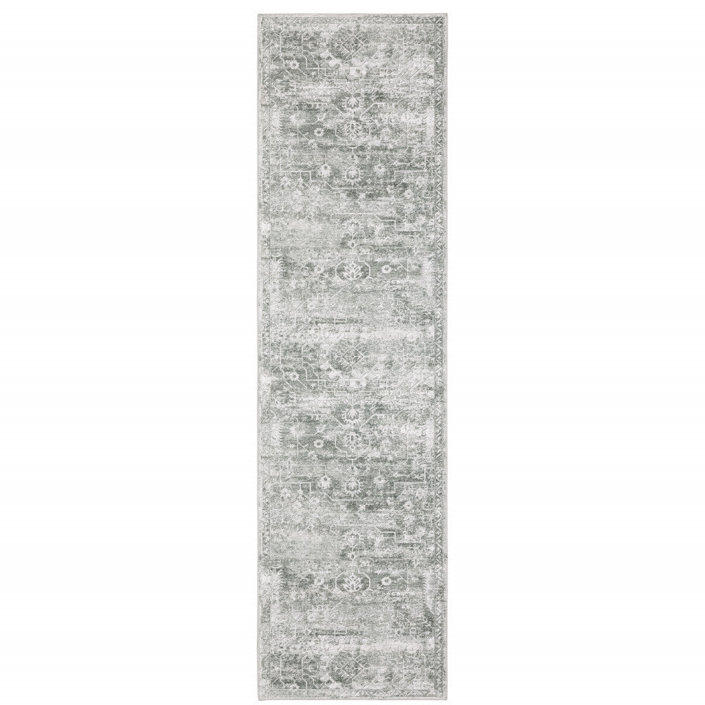 2' X 3' Sage Green Grey Ivory And Silver Oriental Printed Stain Resistant Non Skid Area Rug