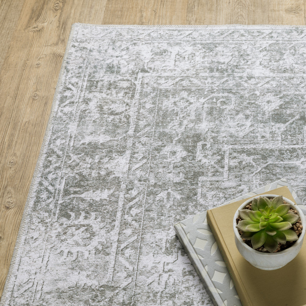 2' X 3' Sage Green Grey Ivory And Silver Oriental Printed Stain Resistant Non Skid Area Rug