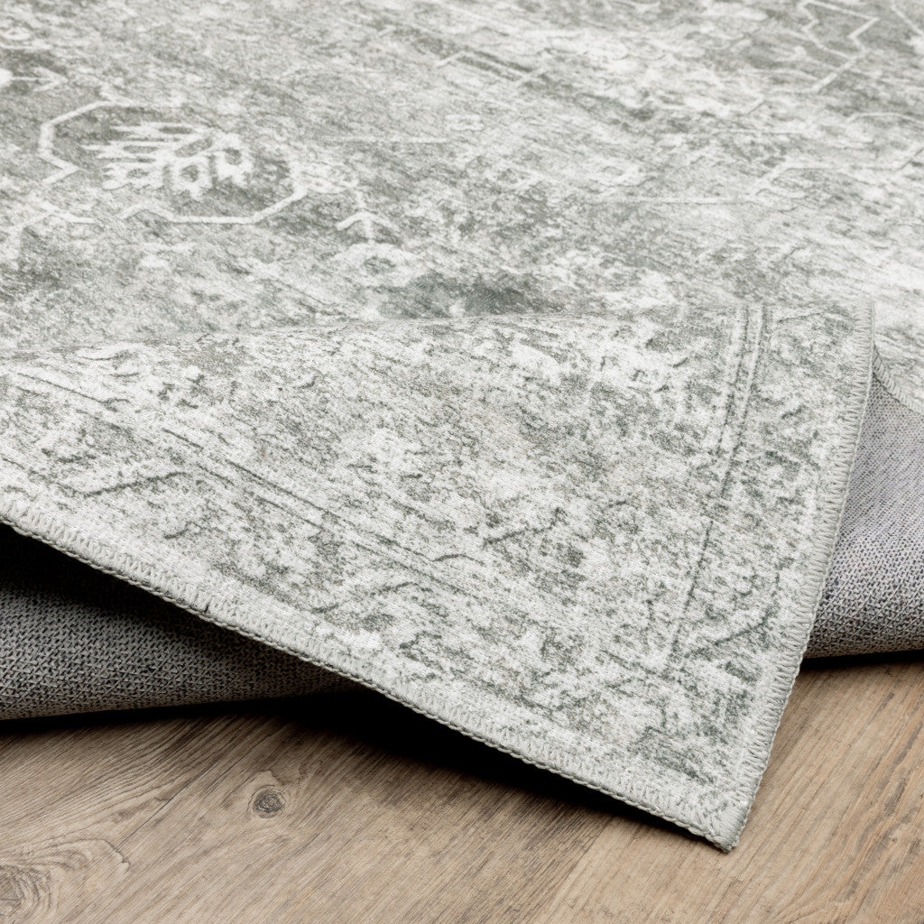 2' X 3' Sage Green Grey Ivory And Silver Oriental Printed Stain Resistant Non Skid Area Rug