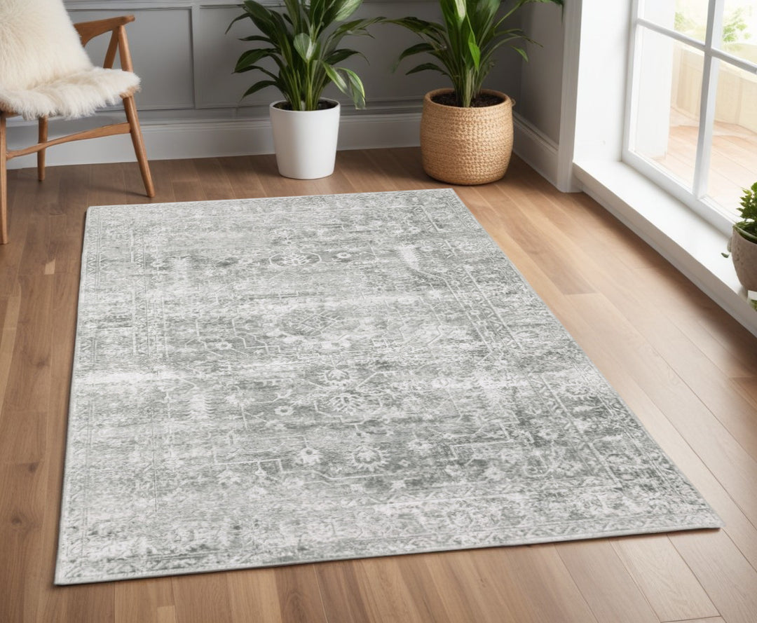 2' X 3' Sage Green Grey Ivory And Silver Oriental Printed Stain Resistant Non Skid Area Rug