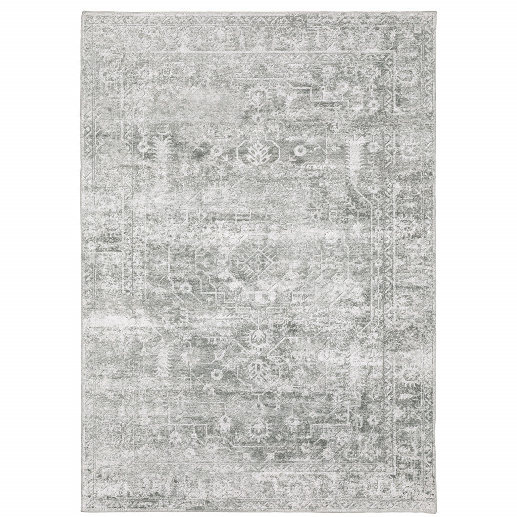 2' X 3' Sage Green Grey Ivory And Silver Oriental Printed Stain Resistant Non Skid Area Rug