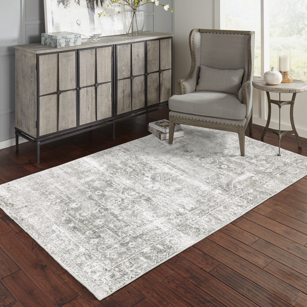 2' X 3' Sage Green Grey Ivory And Silver Oriental Printed Stain Resistant Non Skid Area Rug