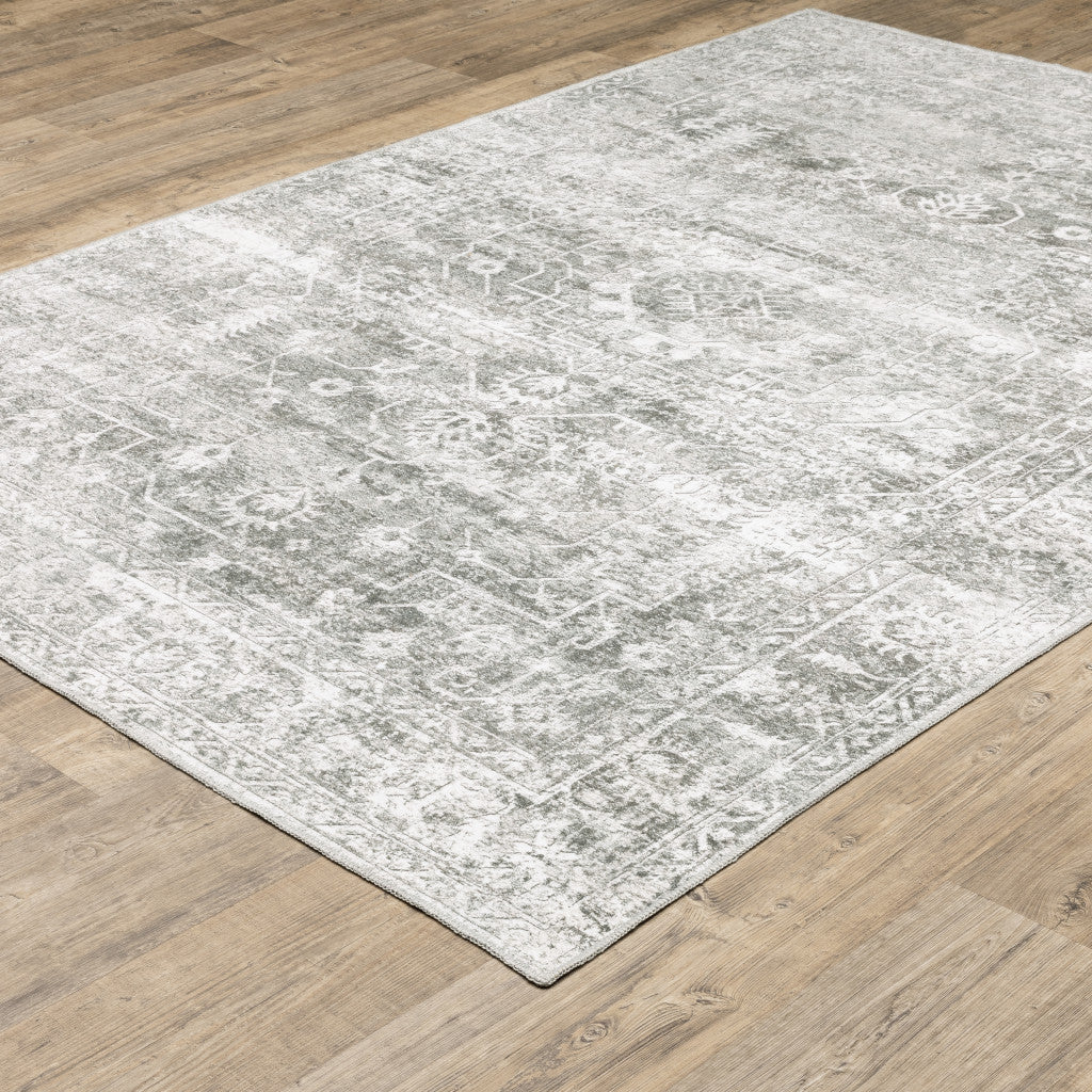 2' X 3' Sage Green Grey Ivory And Silver Oriental Printed Stain Resistant Non Skid Area Rug