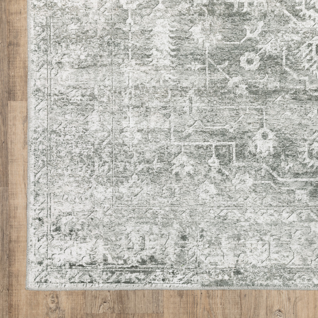 2' X 3' Sage Green Grey Ivory And Silver Oriental Printed Stain Resistant Non Skid Area Rug