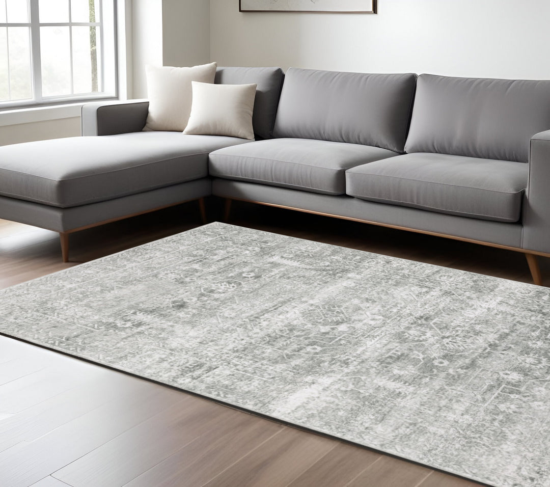 2' X 3' Sage Green Grey Ivory And Silver Oriental Printed Stain Resistant Non Skid Area Rug