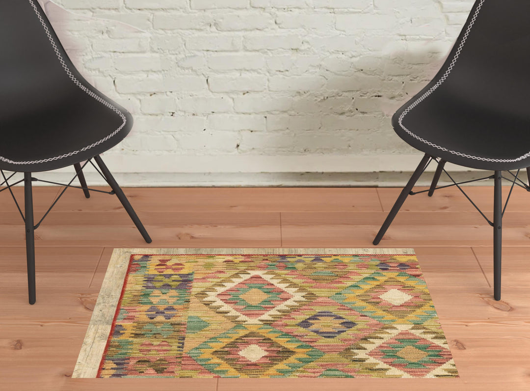 2' X 3' Gold Orange Brown Red Green Purple And Beige Southwestern Printed Stain Resistant Non Skid Area Rug