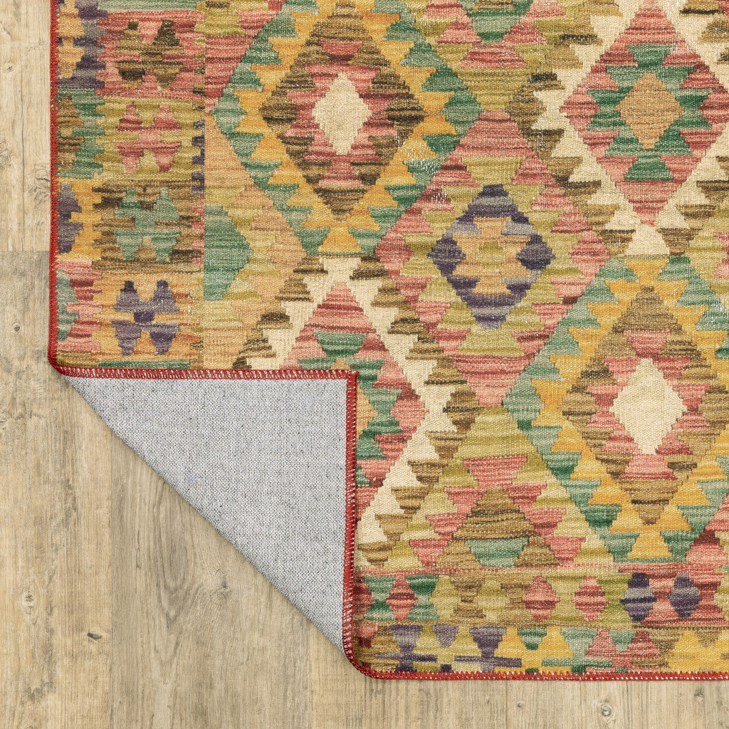 2' X 3' Gold Orange Brown Red Green Purple And Beige Southwestern Printed Stain Resistant Non Skid Area Rug