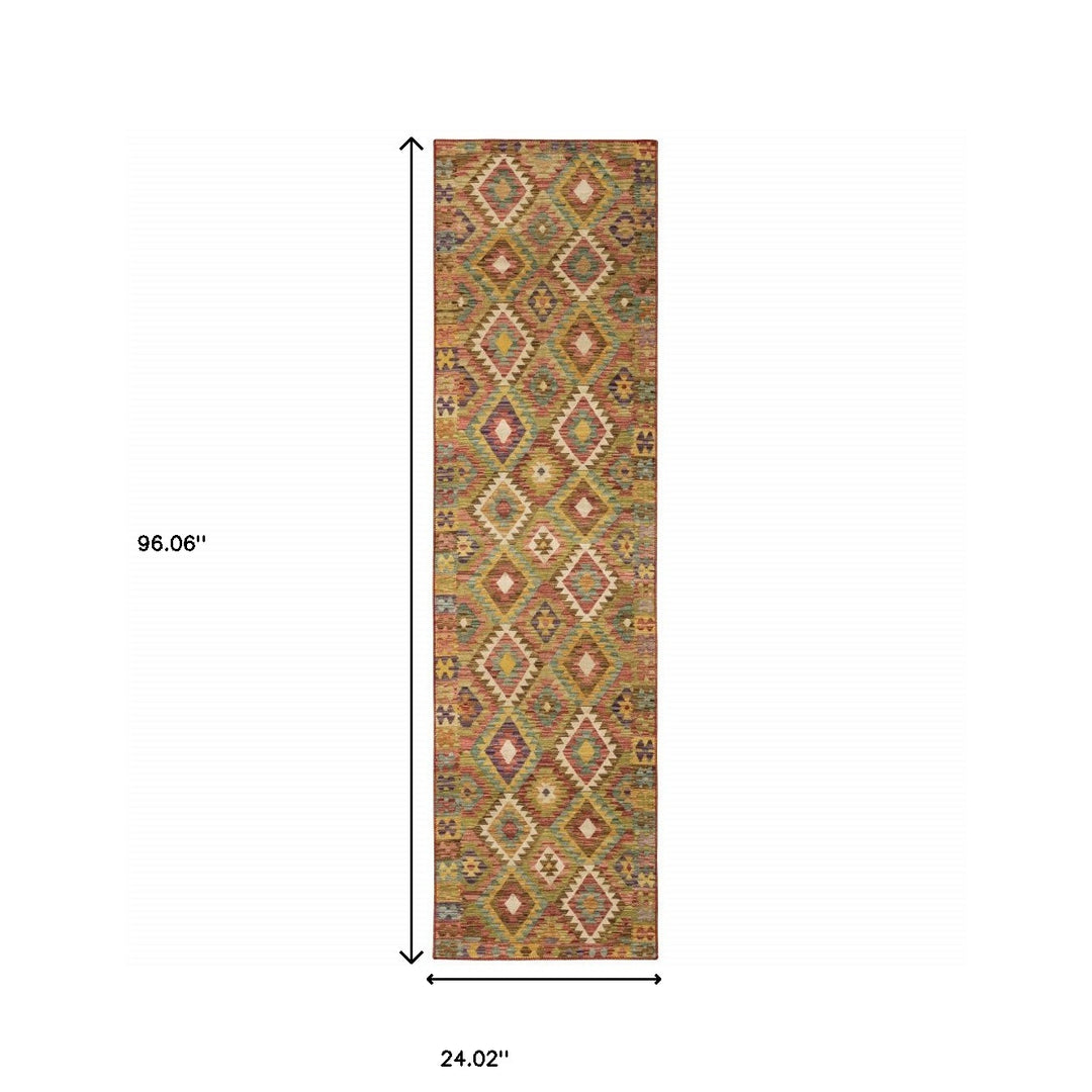 2' X 3' Gold Orange Brown Red Green Purple And Beige Southwestern Printed Stain Resistant Non Skid Area Rug