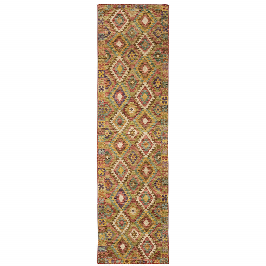 2' X 3' Gold Orange Brown Red Green Purple And Beige Southwestern Printed Stain Resistant Non Skid Area Rug