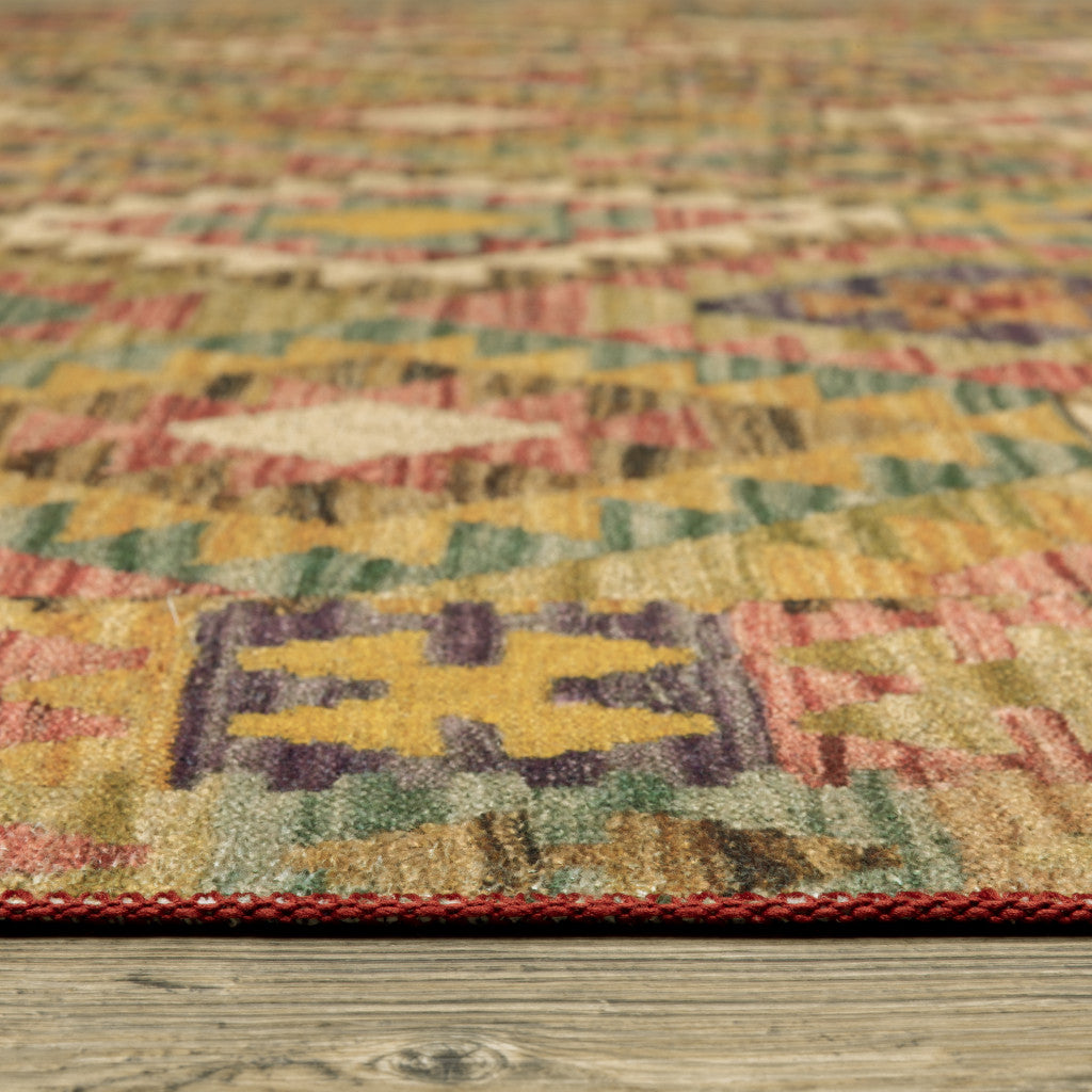 2' X 3' Gold Orange Brown Red Green Purple And Beige Southwestern Printed Stain Resistant Non Skid Area Rug